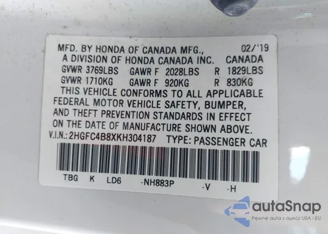 2019 Honda Civic Sport from USA, damaged, VIN 2HGFC4B8XKH304187